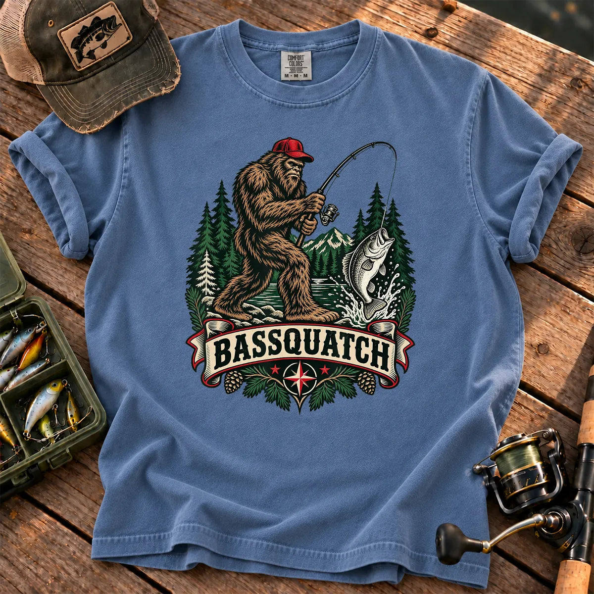 Bassquatch Fishing T-Shirt in Blue Jean