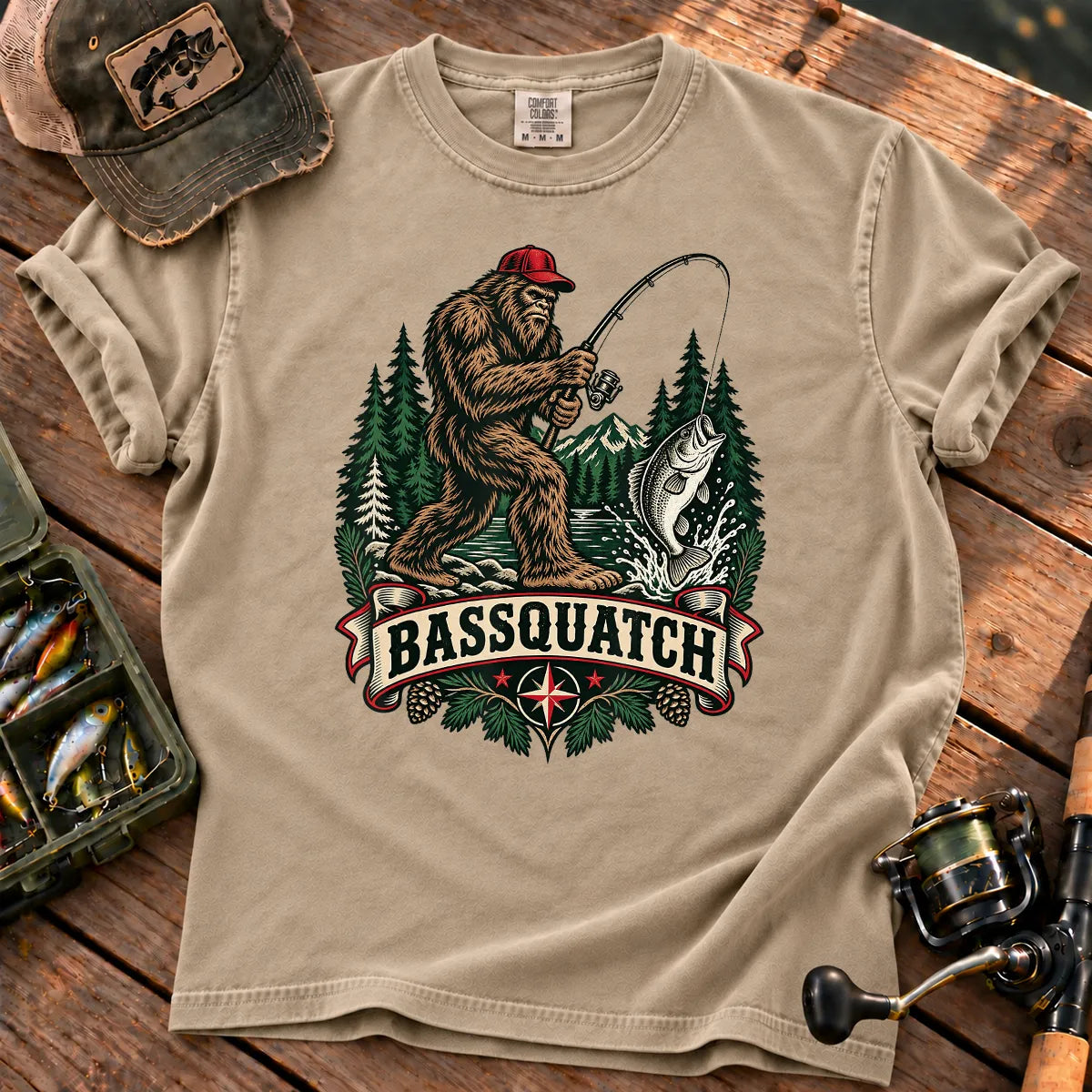 Bassquatch Fishing T-Shirt in Sandstone