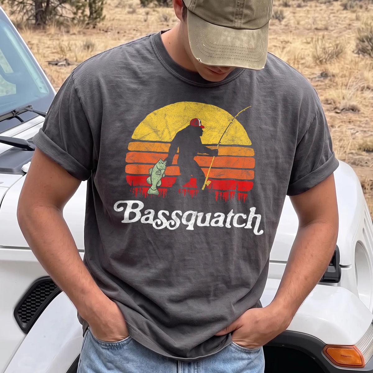 Bassquatch Sunset T-Shirt Men model in Pepper