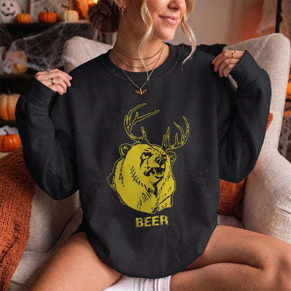 Beer Bear Deer Humor Sweatshirt Women model in Black