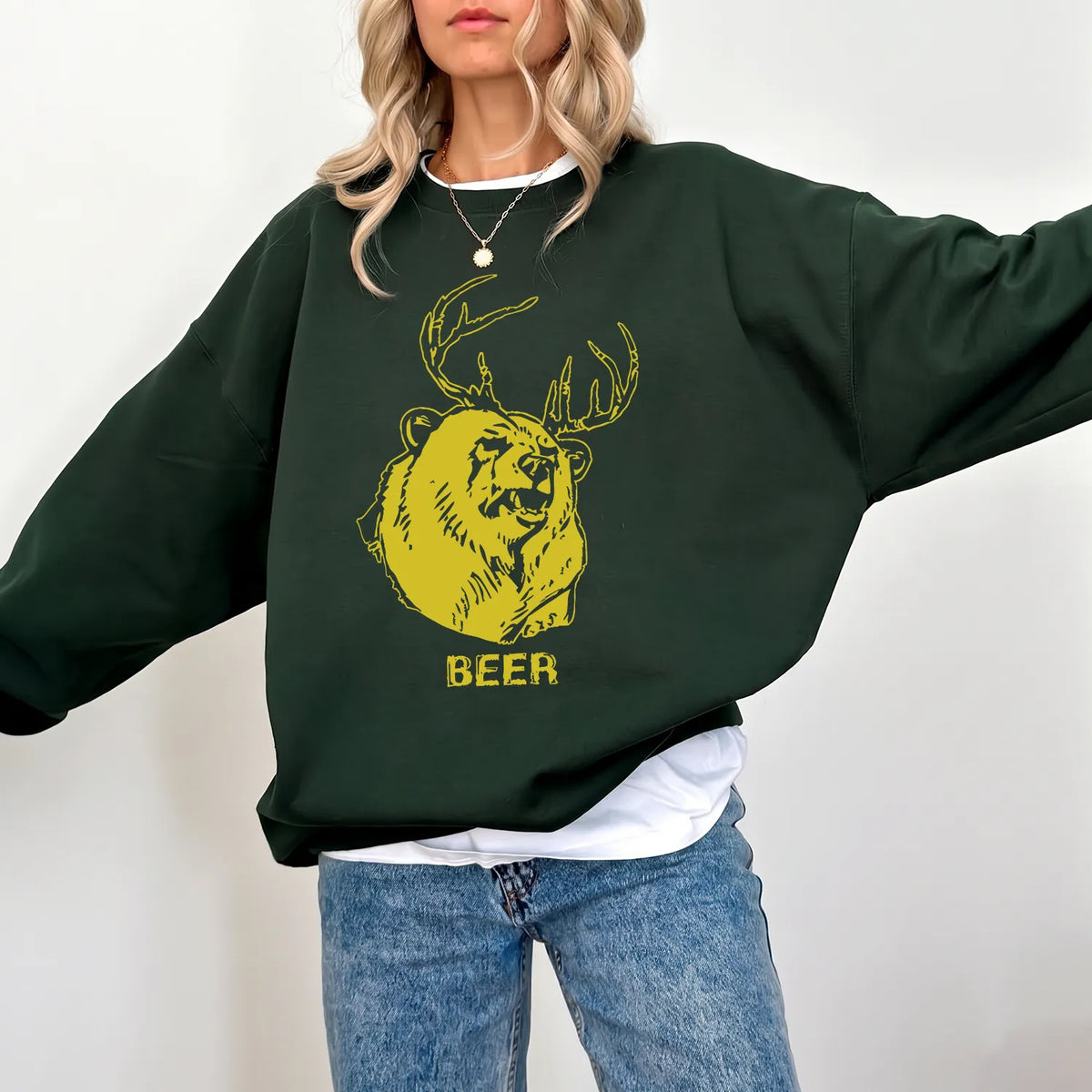 Beer Bear Deer Humor Sweatshirt Women model in Forest Green