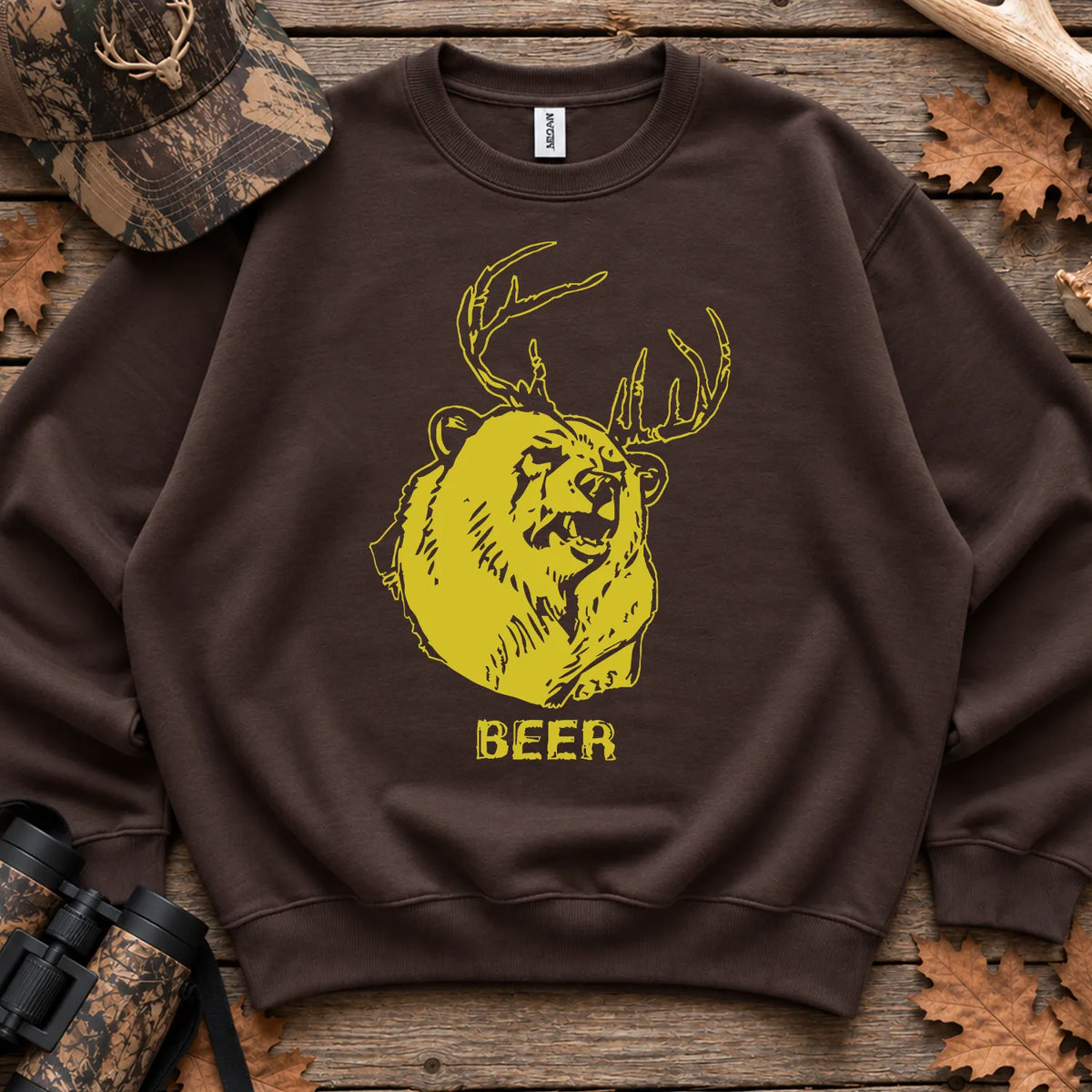 Beer Bear Deer Humor Sweatshirt in Dark Chocolate