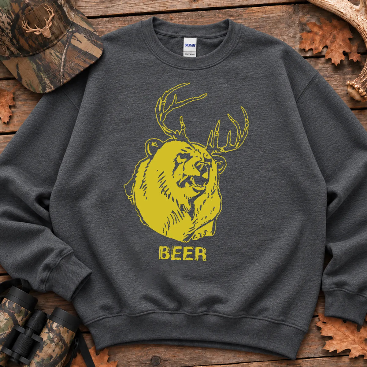 Beer Bear Deer Humor Sweatshirt in Dark Heather