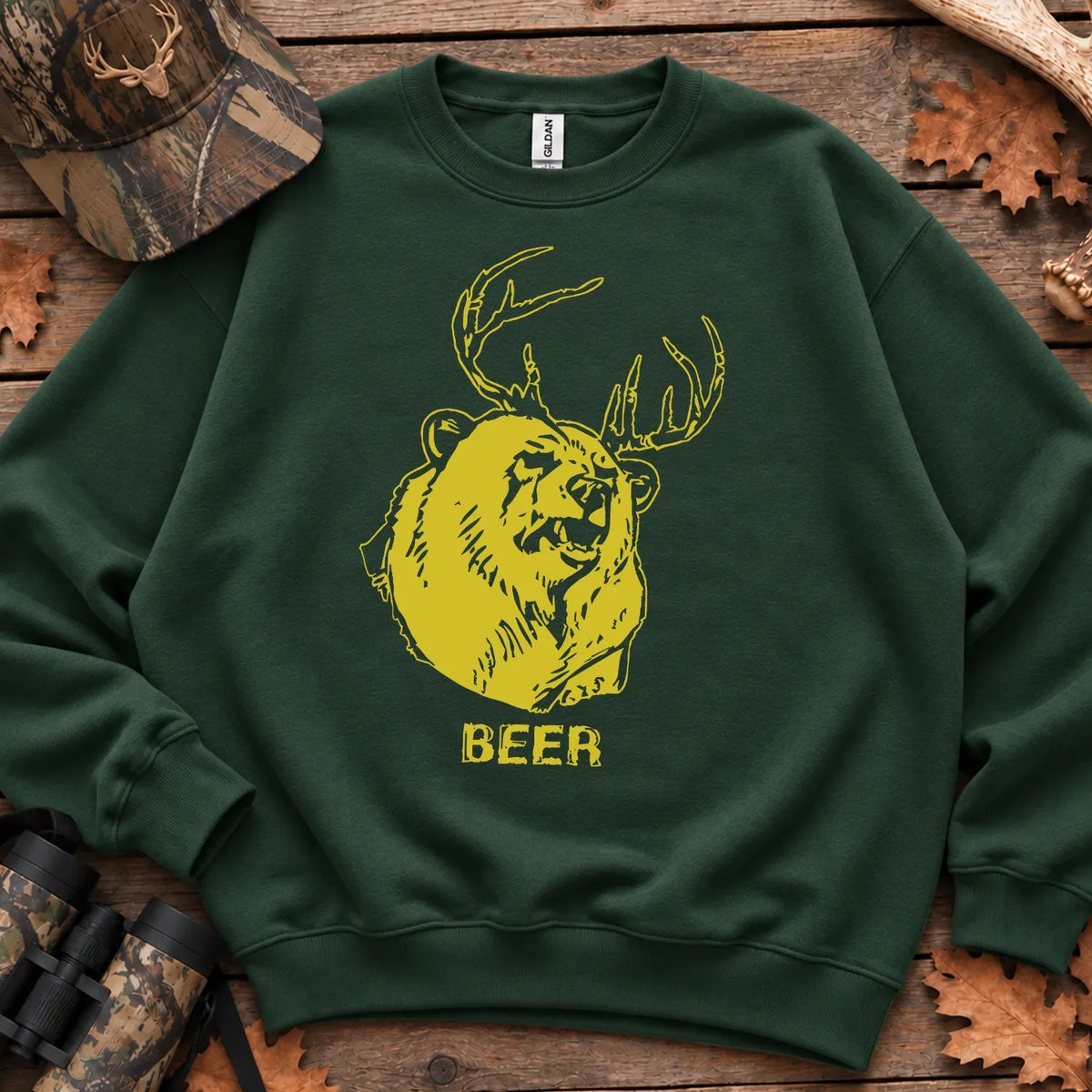 Beer Bear Deer Humor Sweatshirt in Forest Green