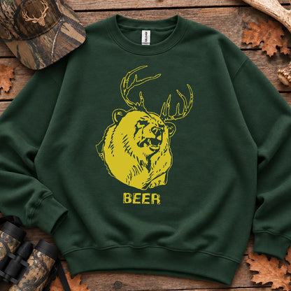 Beer Bear Deer Humor Sweatshirt in Forest Green