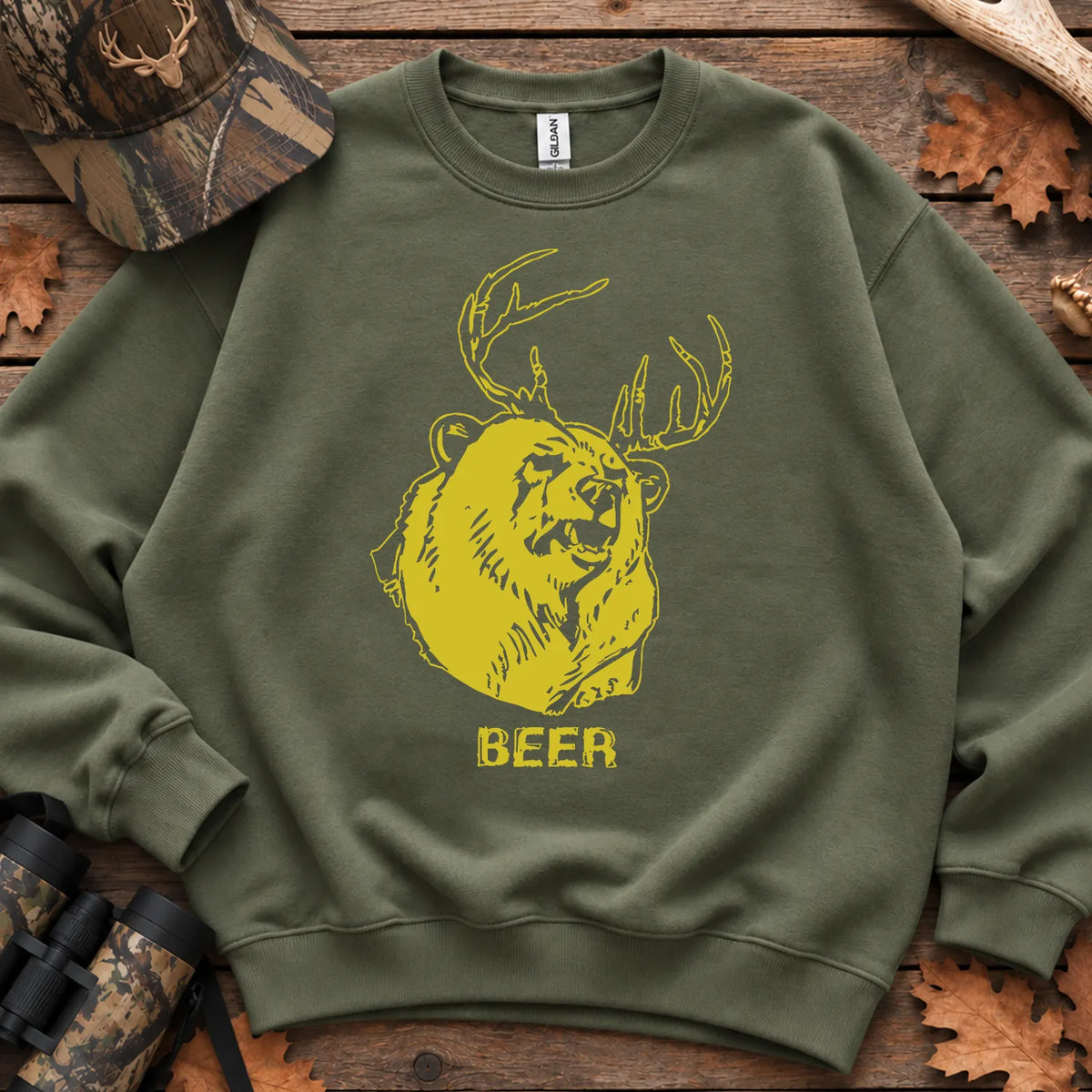 Beer Bear Deer Humor Sweatshirt in Military Green