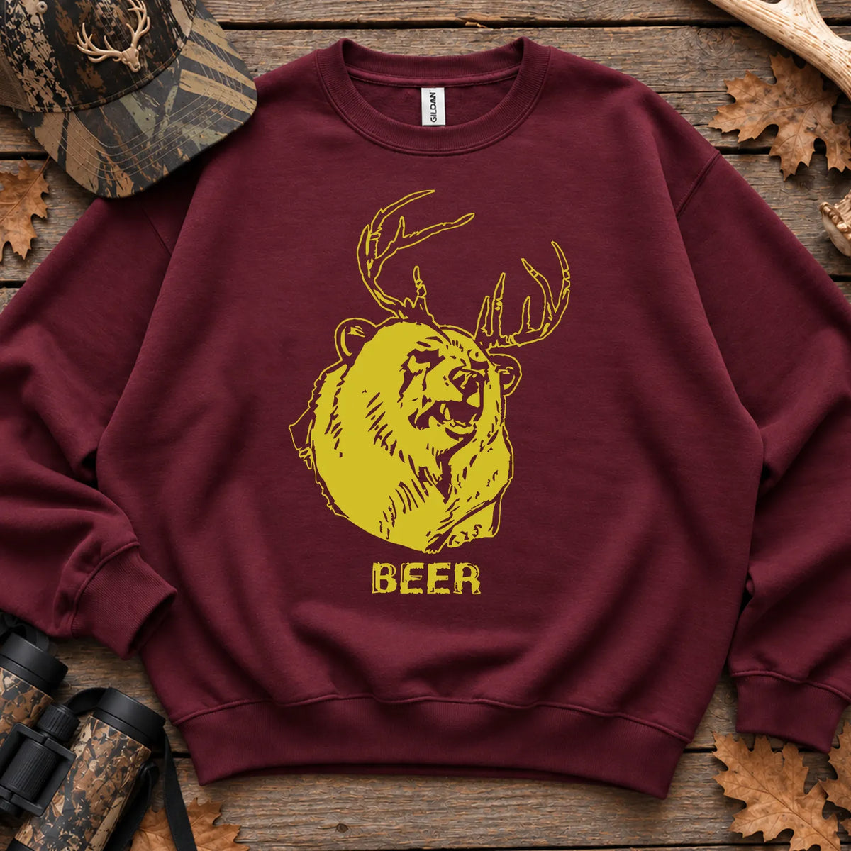 Beer Bear Deer Humor Sweatshirt in Maroon