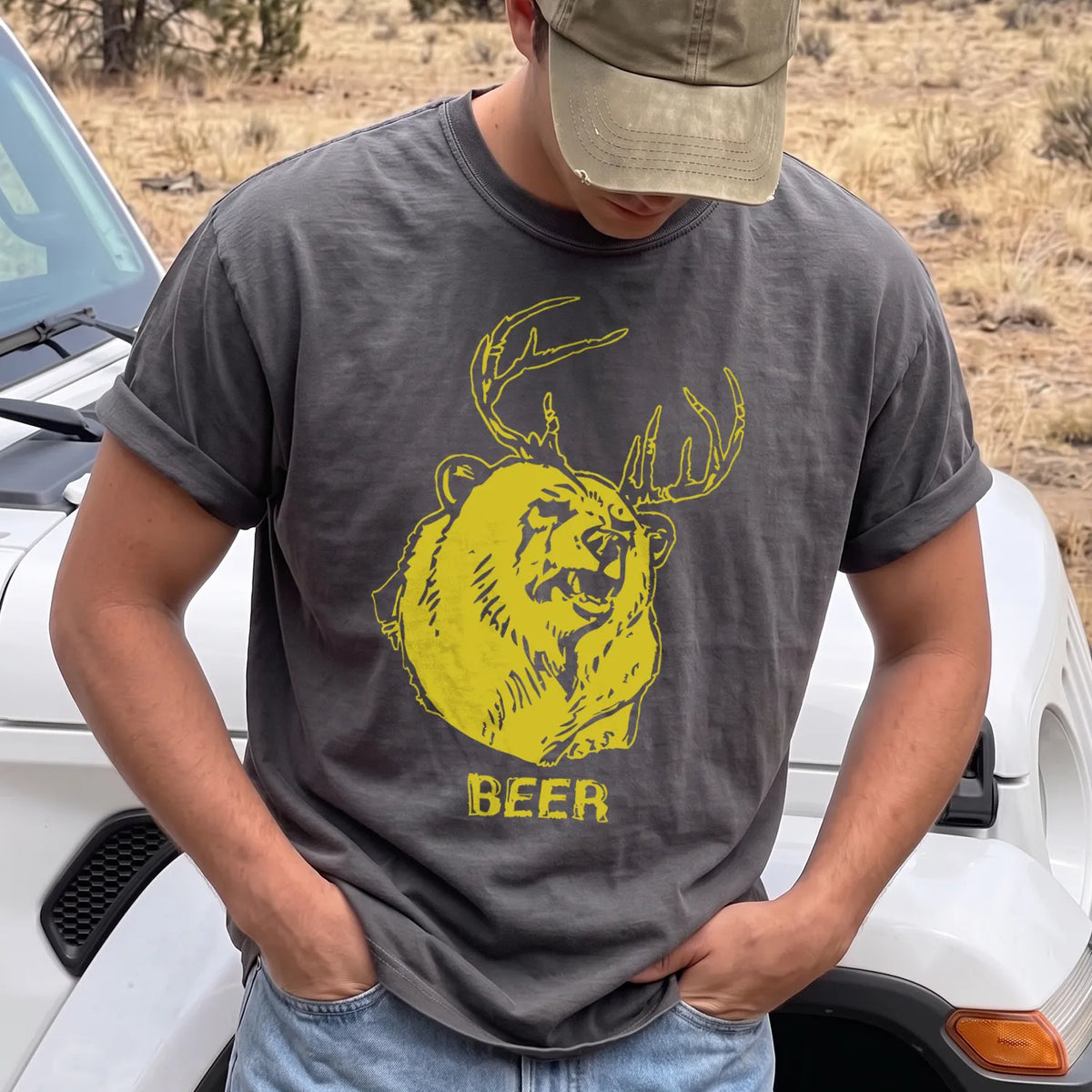 Beer Bear Deer T-Shirt Men model in Pepper