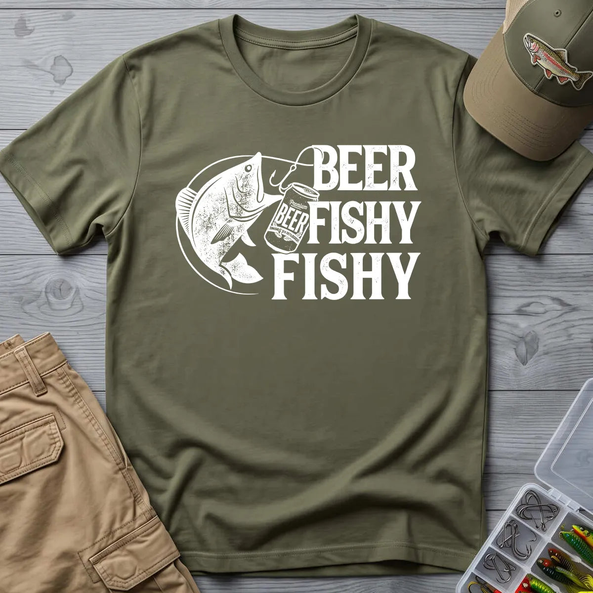 Beer Fishy Fishy T-Shirt in Military Green
