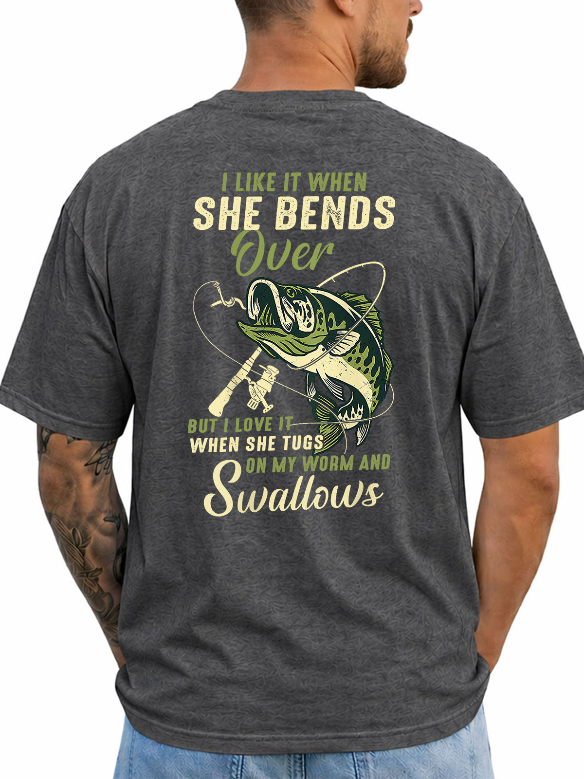 Dark Heather T-shirt back with bass, rod, lure, and explicit fishing-innuendo graphic