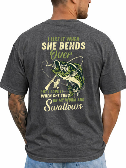 Dark Heather T-shirt back with bass, rod, lure, and explicit fishing-innuendo graphic