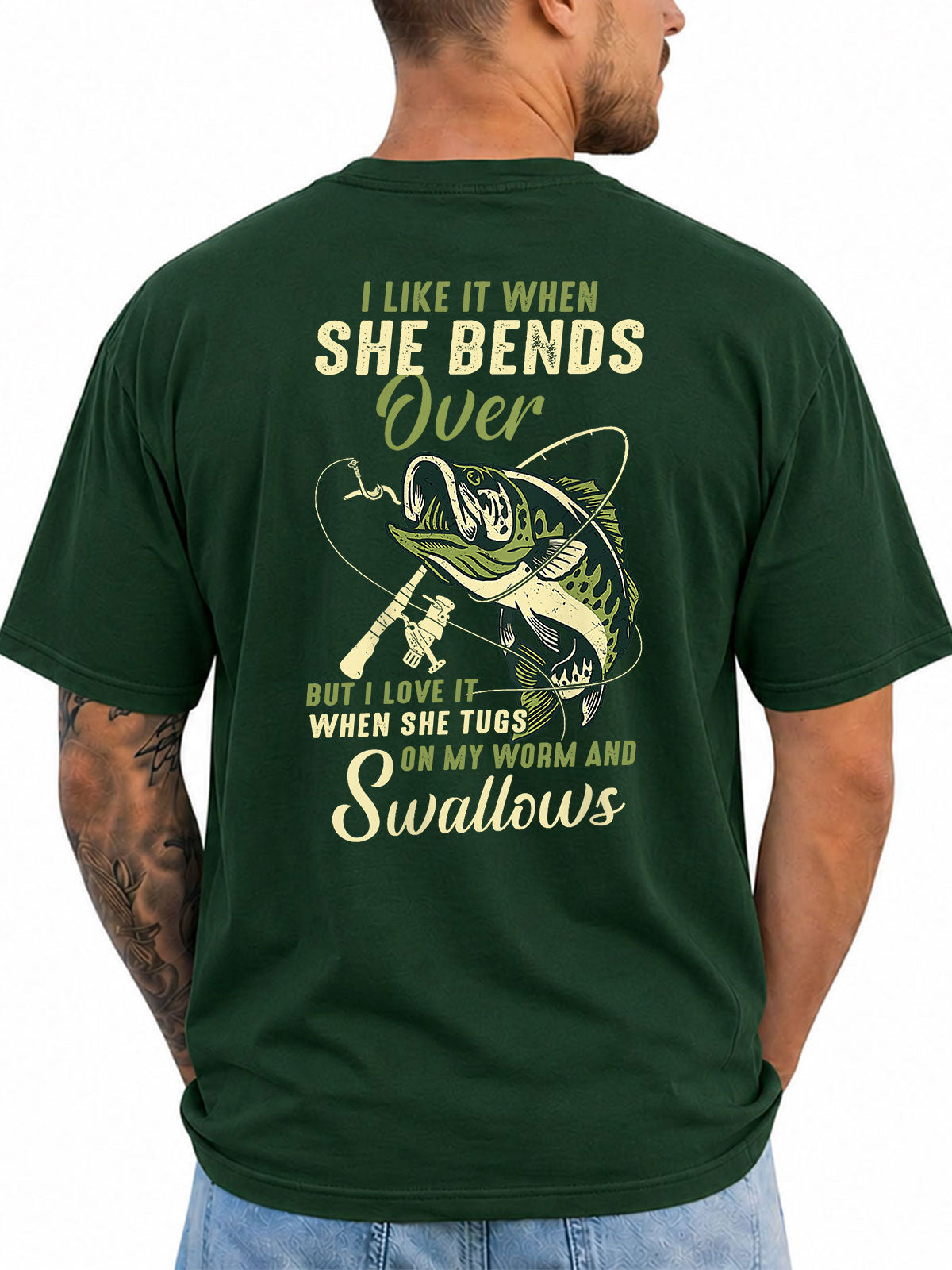 Forest Green T-shirt back with bass, rod, lure, and explicit fishing-innuendo graphic