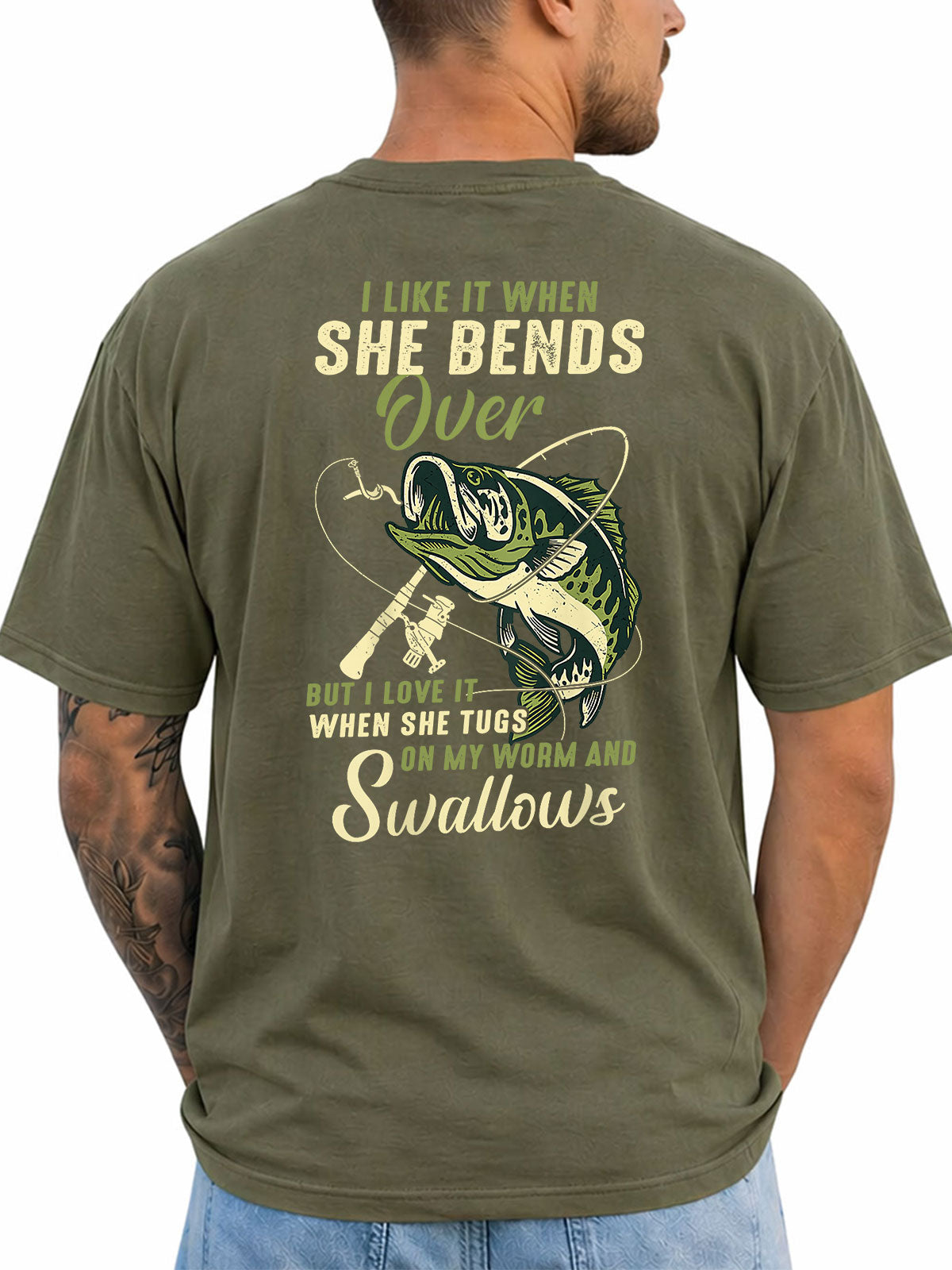 Military Green T-shirt back with bass, rod, lure, and explicit fishing-innuendo graphic