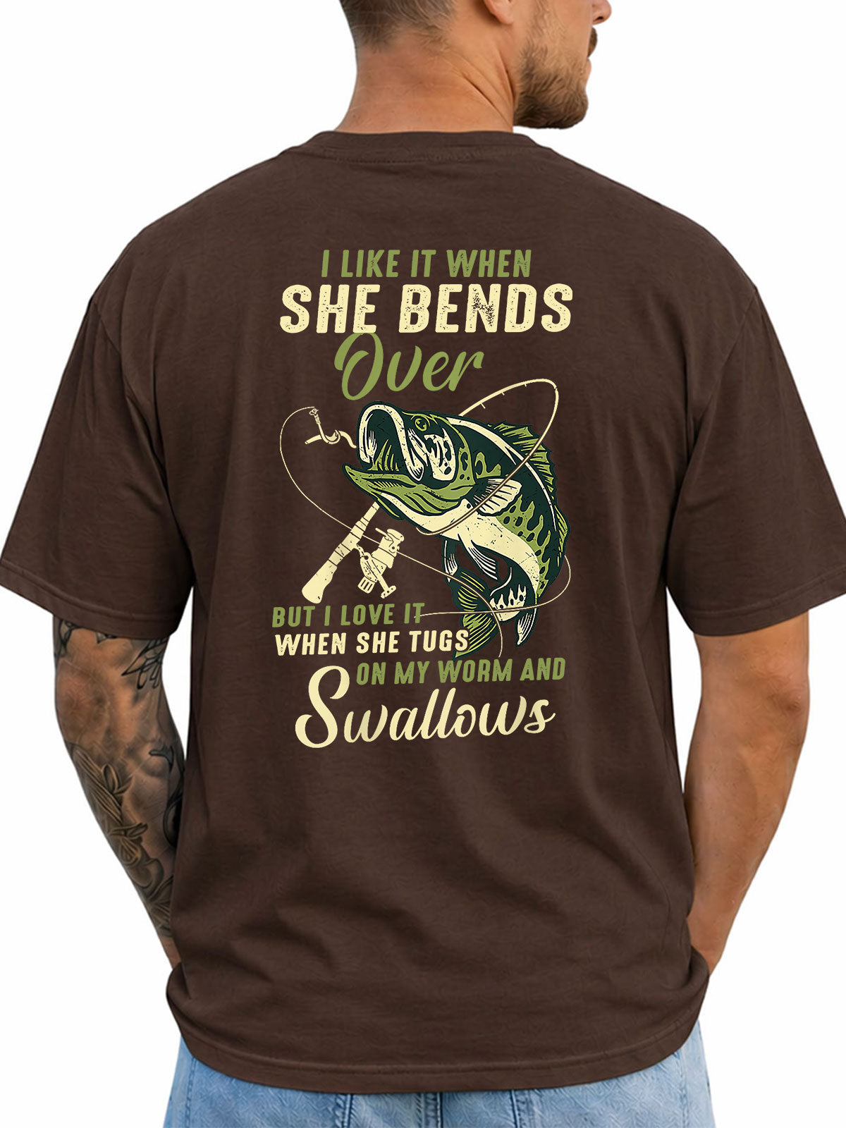 Dark Chocolate T-shirt back with bass, rod, lure, and explicit fishing-innuendo graphic