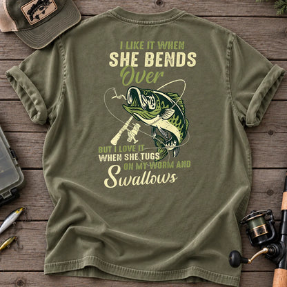 Bends Over, Tugs My Worm and Swallows Fishing T-Shirt in Moss