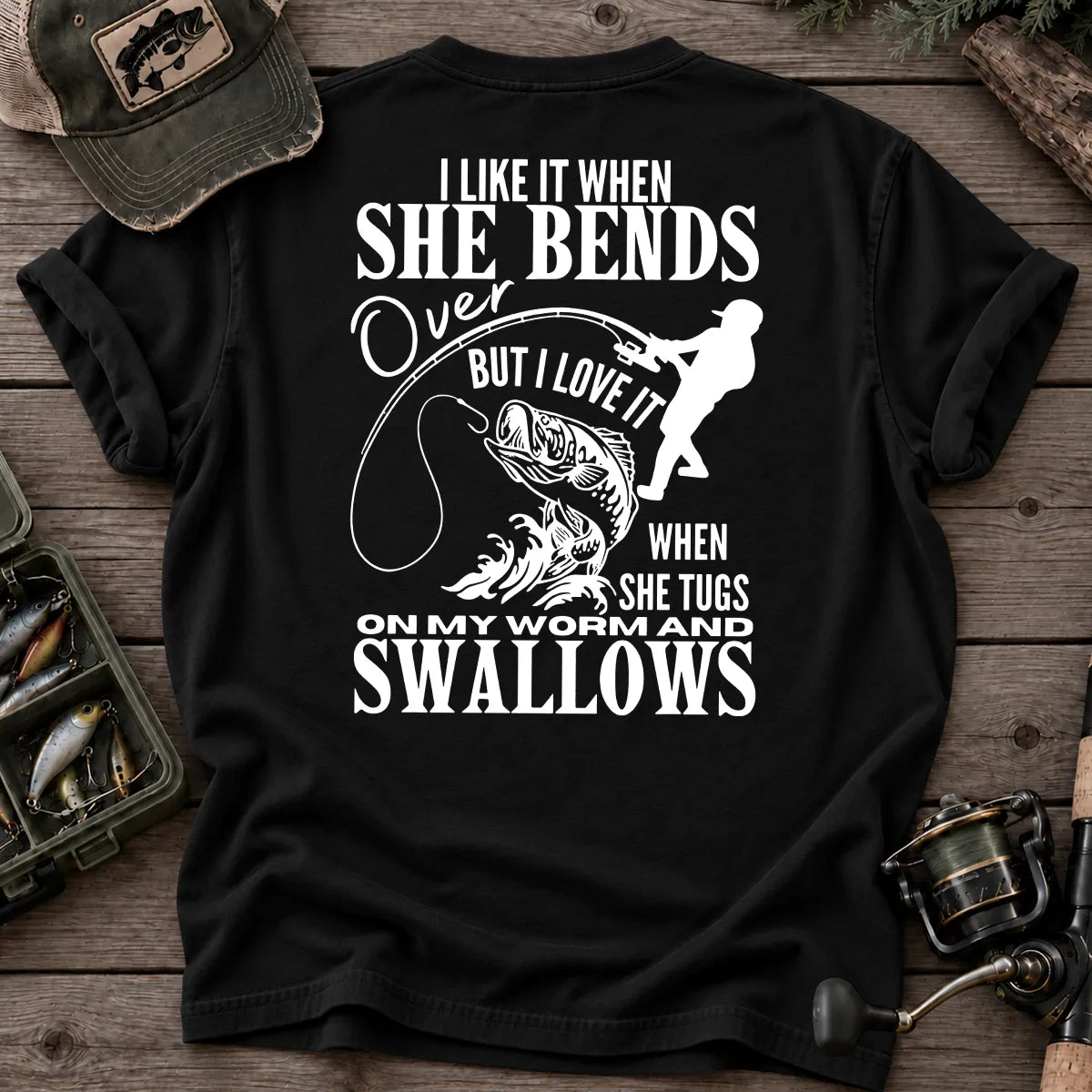 Bends Over, Tugs My Worm Woman Silhouette Fishing T-Shirt in Black