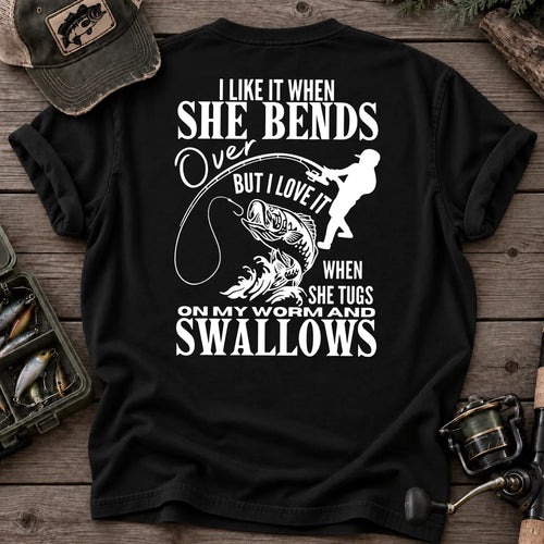 Bends Over, Tugs My Worm Woman Silhouette Fishing T-Shirt in Black