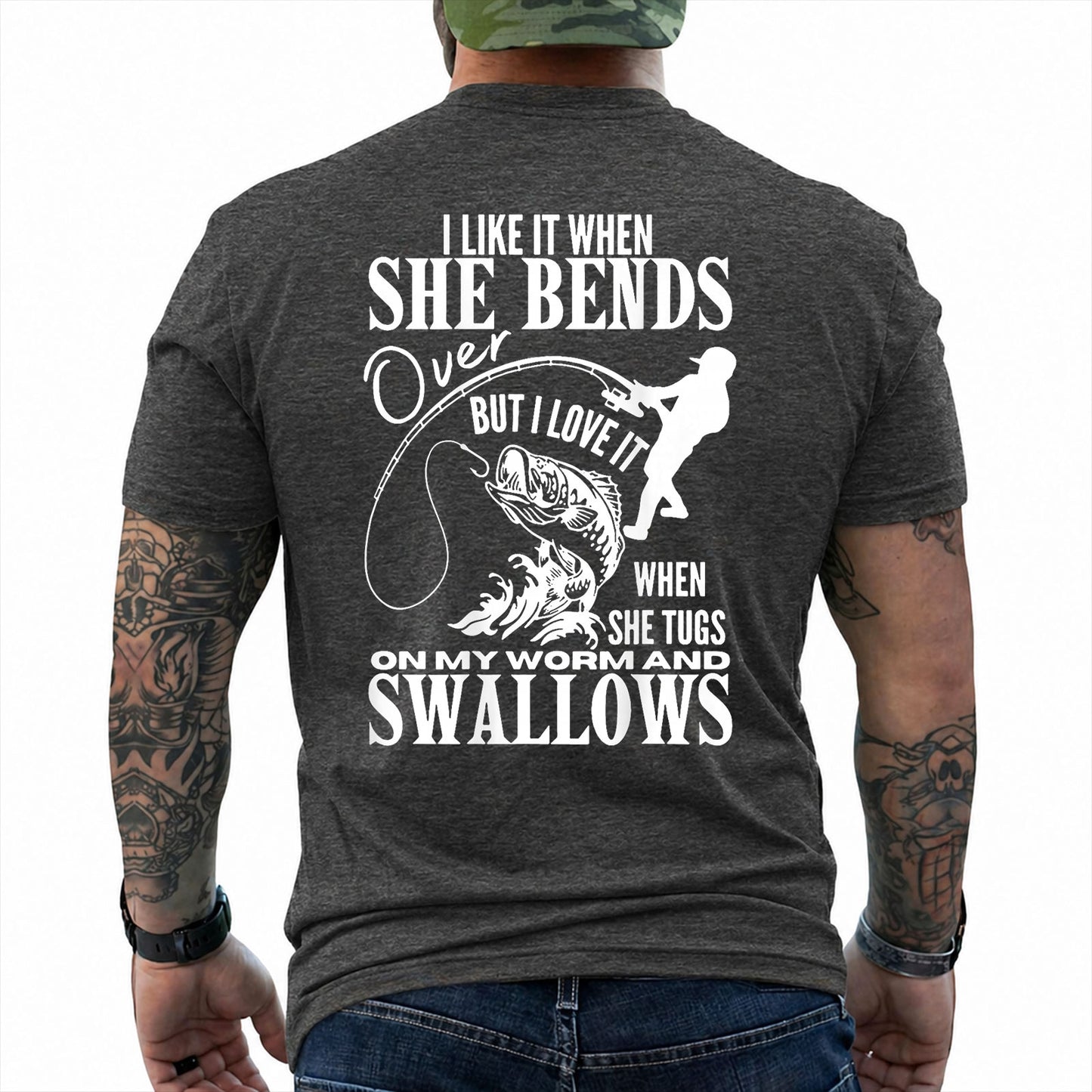 Dark Heather T-shirt back with woman silhouette, bent rod, fish, and adult fishing double-entendre back graphic
