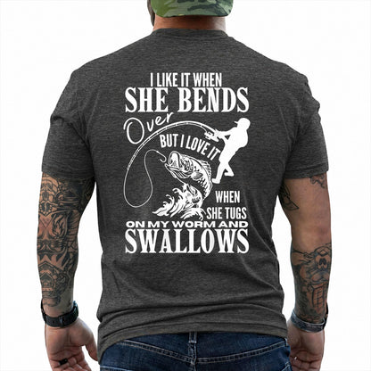 Dark Heather T-shirt back with woman silhouette, bent rod, fish, and adult fishing double-entendre back graphic