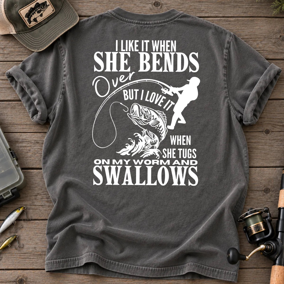 Bends Over, Tugs My Worm Woman Silhouette Fishing T-Shirt in Pepper