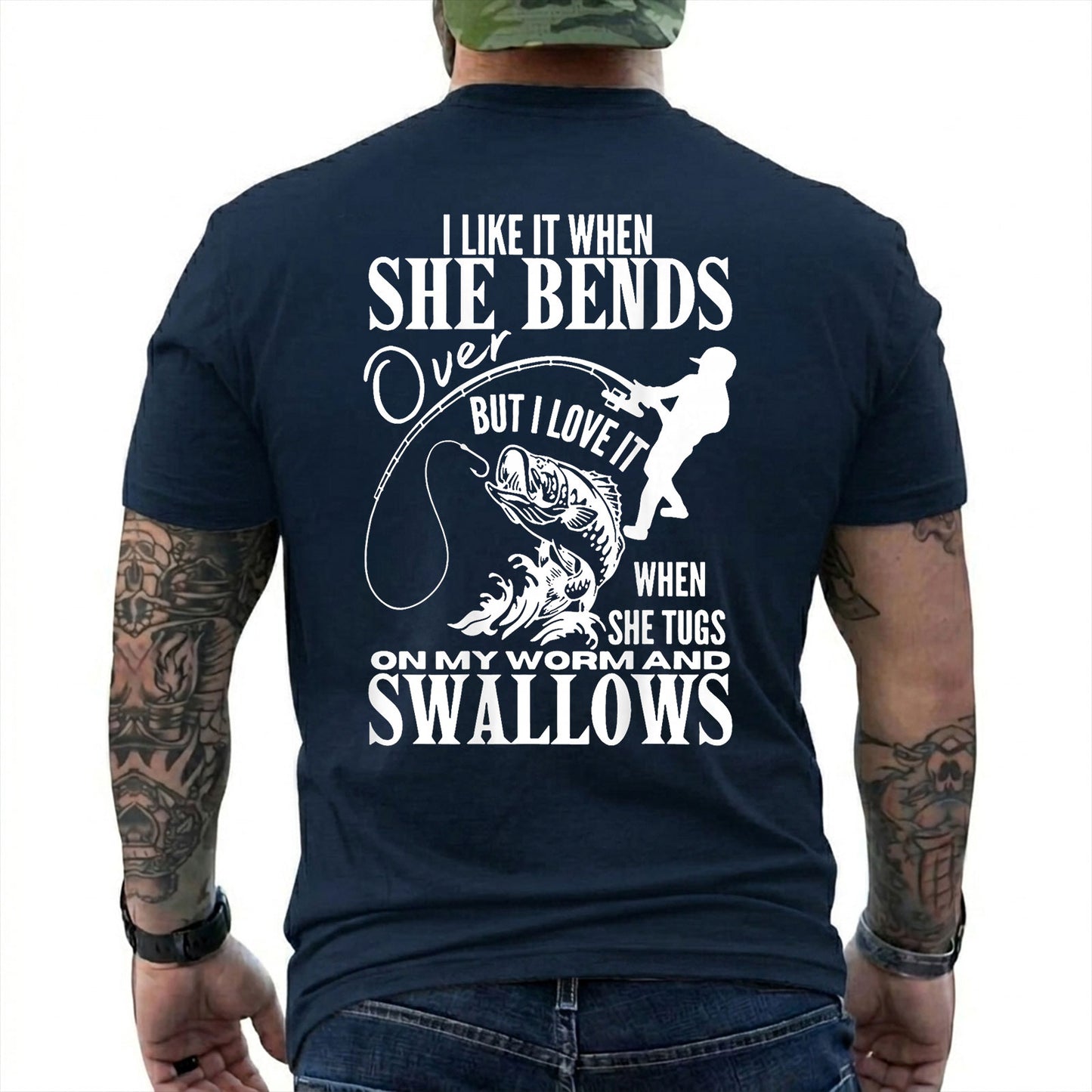 Forest Green T-shirt back with woman silhouette, bent rod, fish, and adult fishing double-entendre back graphic