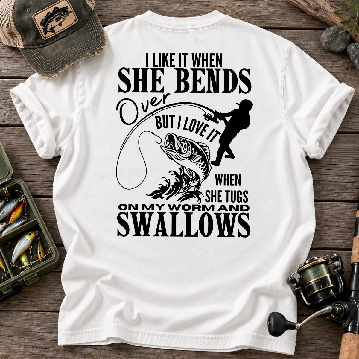 Bends Over, Tugs My Worm Woman Silhouette Fishing T-Shirt in White