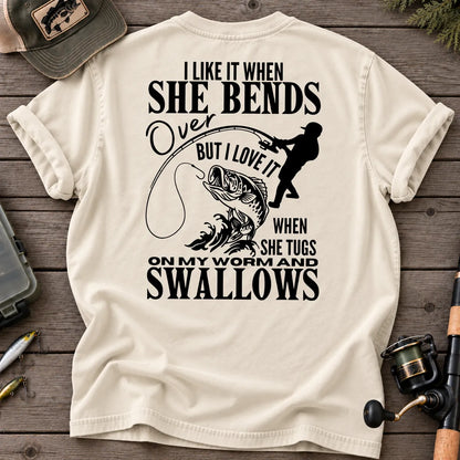 Bends Over, Tugs My Worm Woman Silhouette Fishing T-Shirt in Ivory