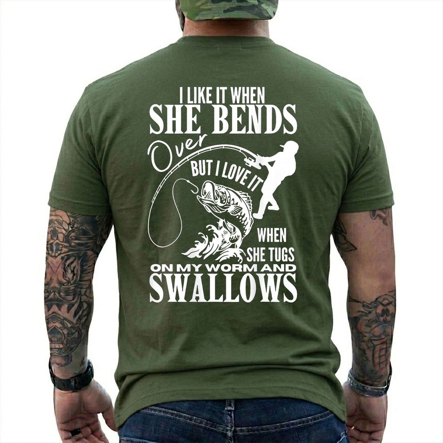 Military Green T-shirt back with woman silhouette, bent rod, fish, and adult fishing double-entendre back graphic
