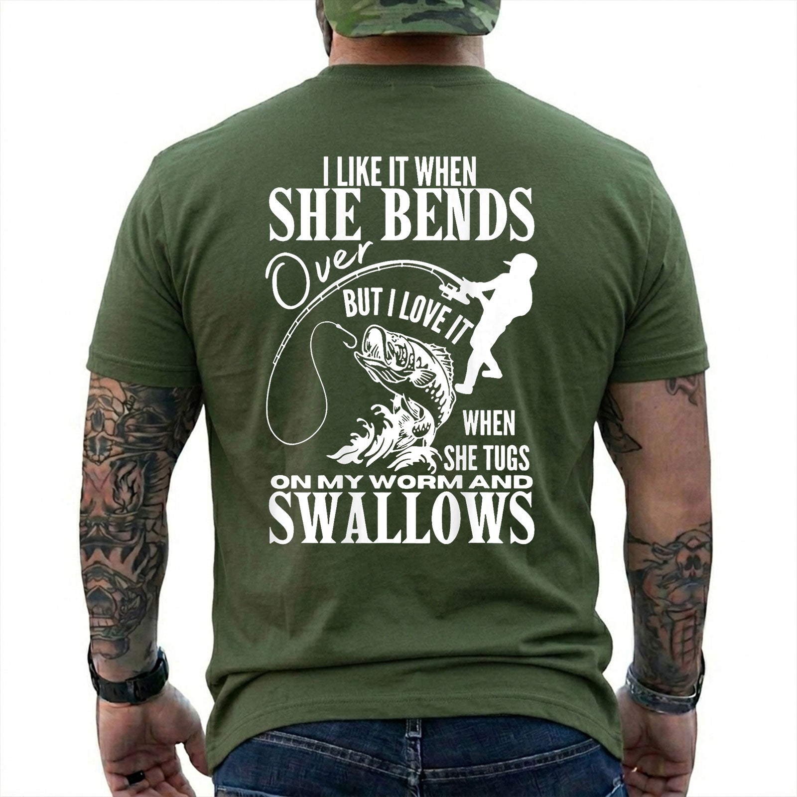 Military Green T-shirt back with woman silhouette, bent rod, fish, and adult fishing double-entendre back graphic