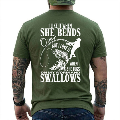 Military Green T-shirt back with woman silhouette, bent rod, fish, and adult fishing double-entendre back graphic