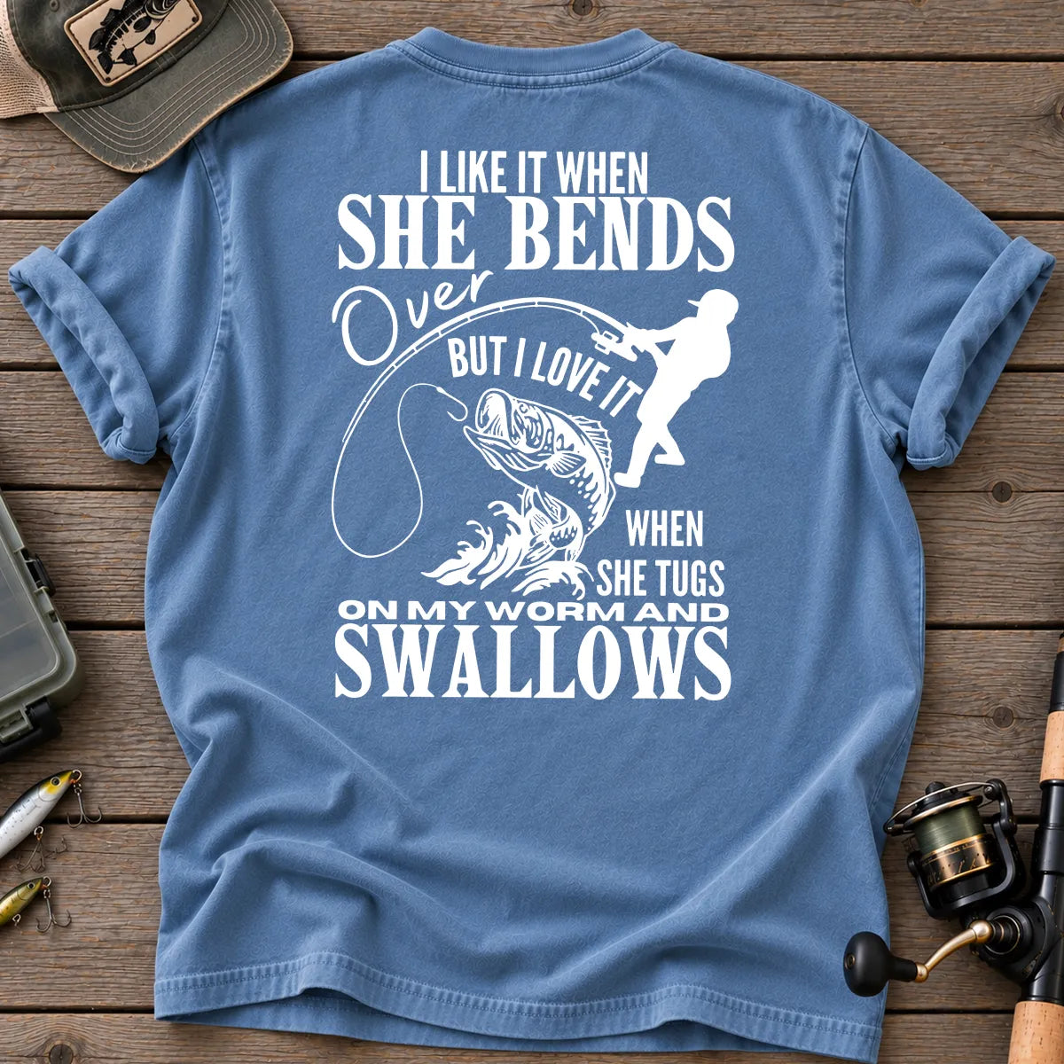 Bends Over, Tugs My Worm Woman Silhouette Fishing T-Shirt in Blue Jean