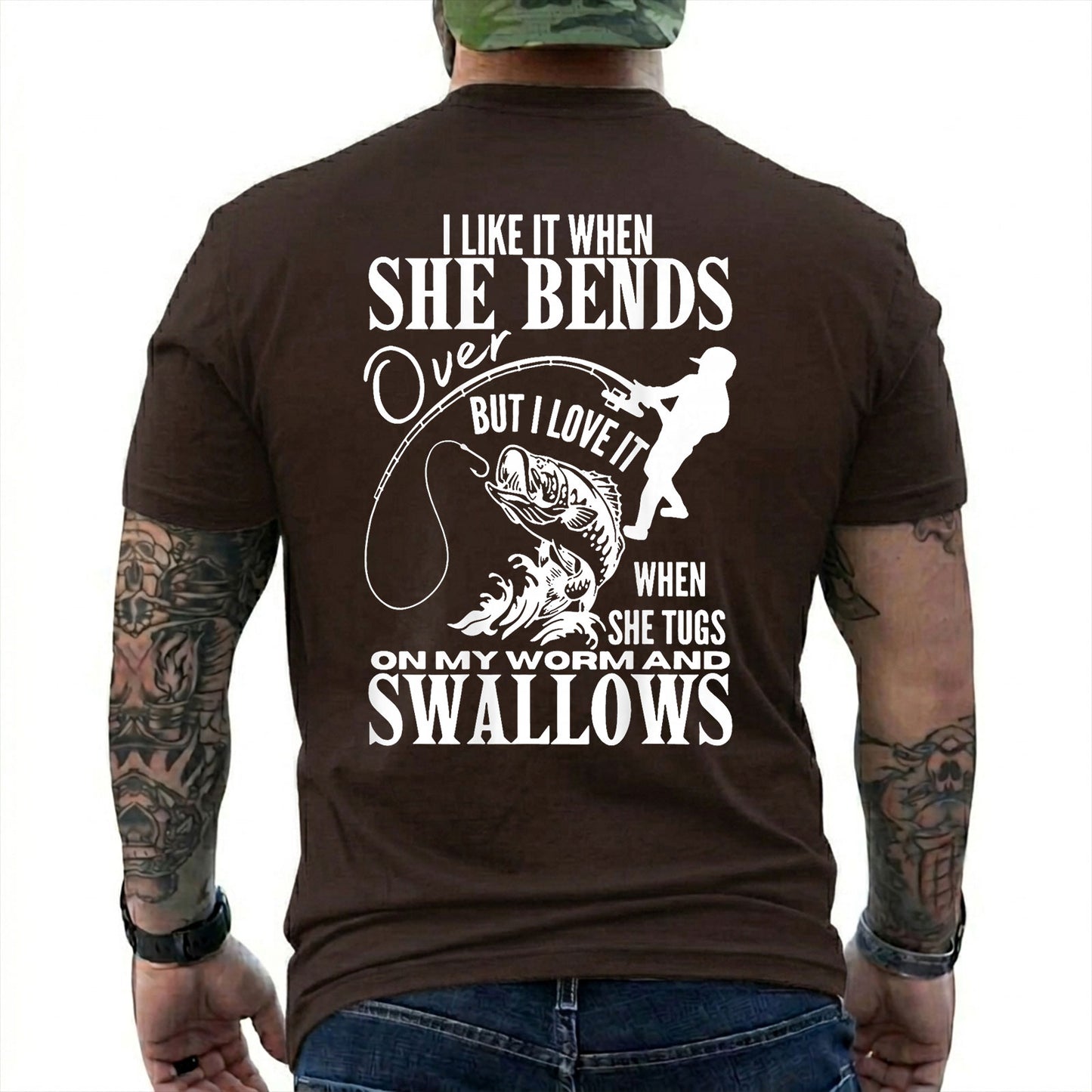 Dark Chocolate T-shirt back with woman silhouette, bent rod, fish, and adult fishing double-entendre back graphic