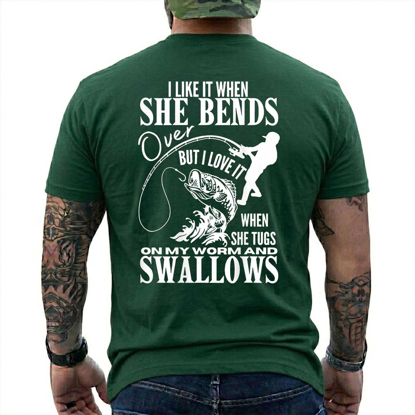 Navy T-shirt back with woman silhouette, bent rod, fish, and adult fishing double-entendre back graphic