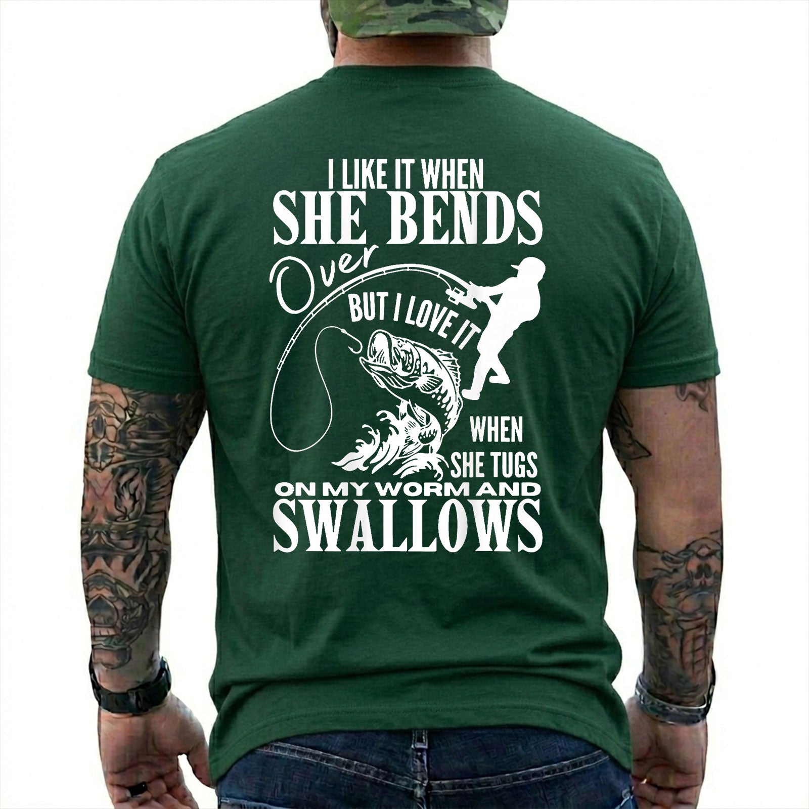 Navy T-shirt back with woman silhouette, bent rod, fish, and adult fishing double-entendre back graphic