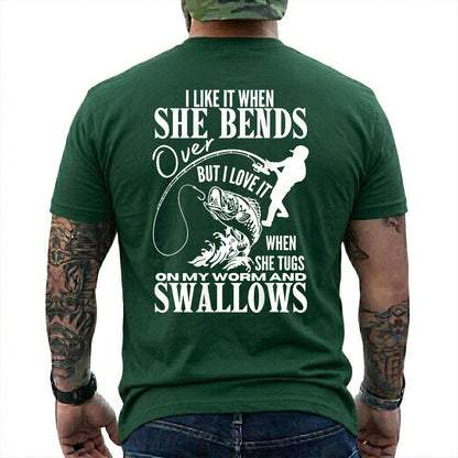 Navy T-shirt back with woman silhouette, bent rod, fish, and adult fishing double-entendre back graphic
