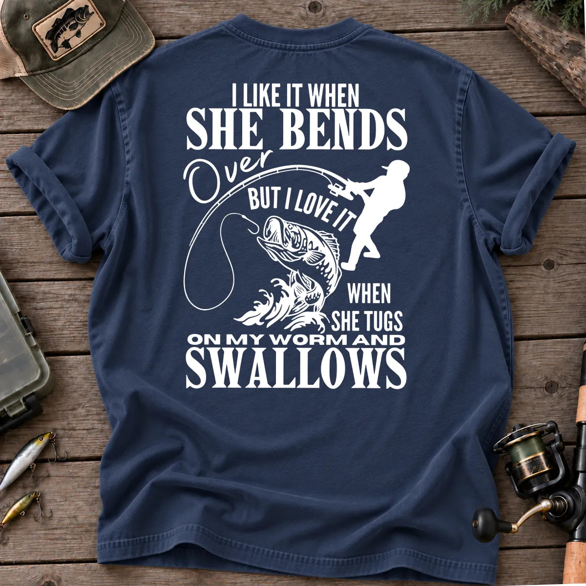 Bends Over, Tugs My Worm Woman Silhouette Fishing T-Shirt in True Navy