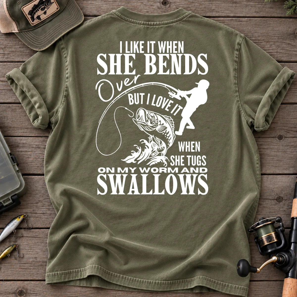 Bends Over, Tugs My Worm Woman Silhouette Fishing T-Shirt in Moss