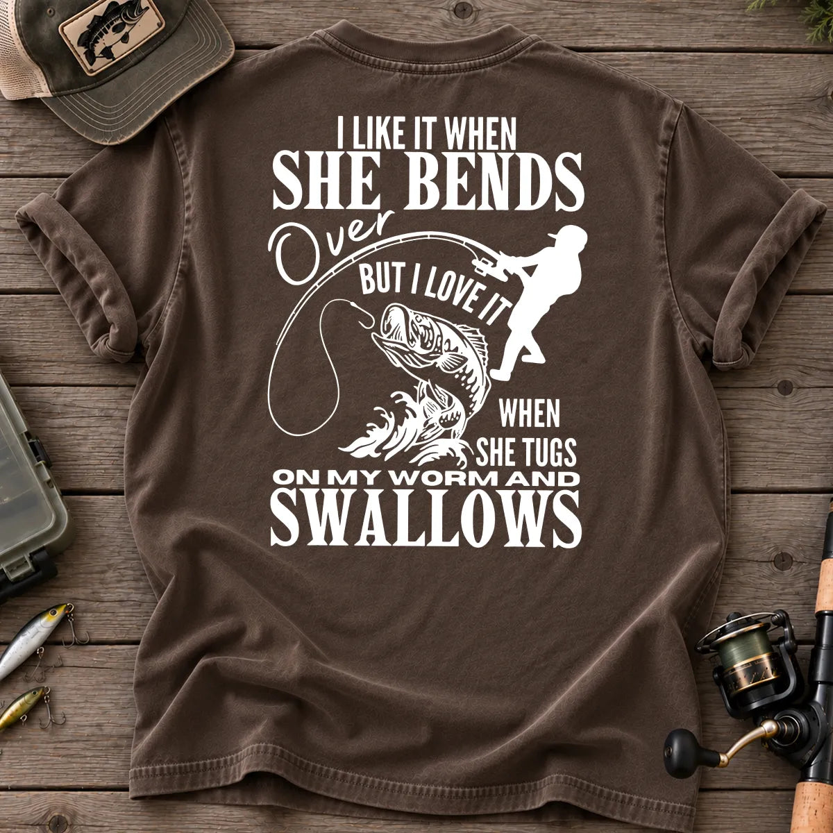 Bends Over, Tugs My Worm Woman Silhouette Fishing T-Shirt in Espresso