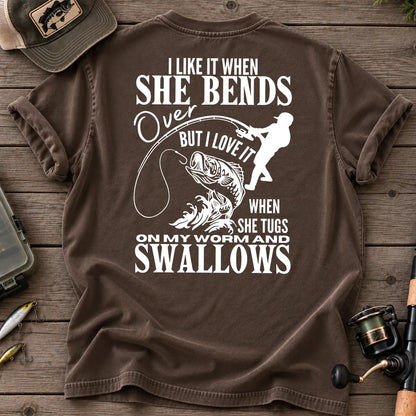 Bends Over, Tugs My Worm Woman Silhouette Fishing T-Shirt in Espresso