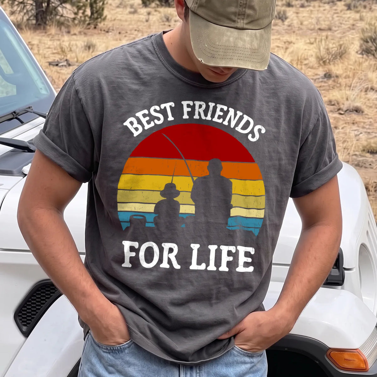 Best Friends for Life Fishing T-Shirt Men model in Pepper