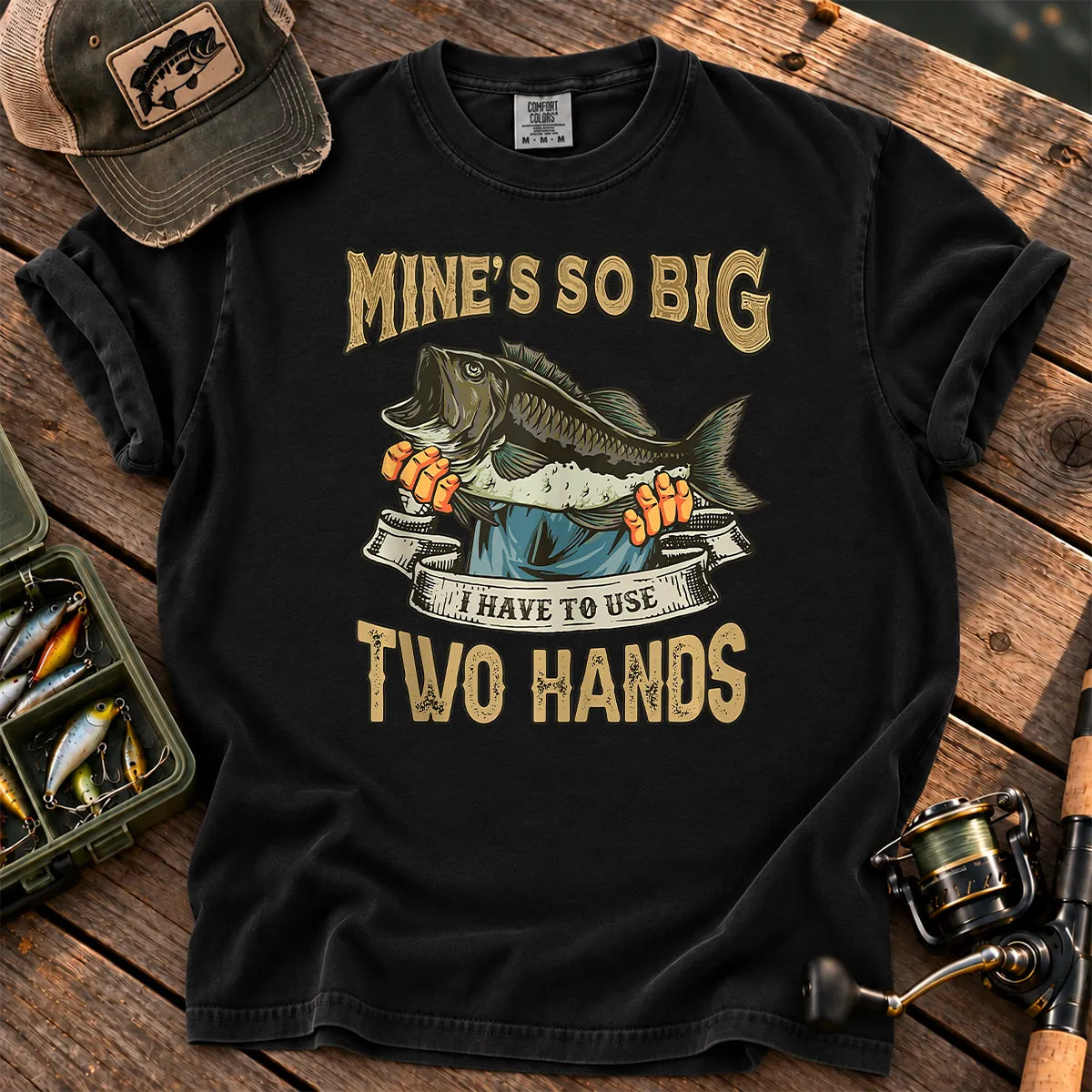 Big Bass Two Hands Fishing T-Shirt in Black
