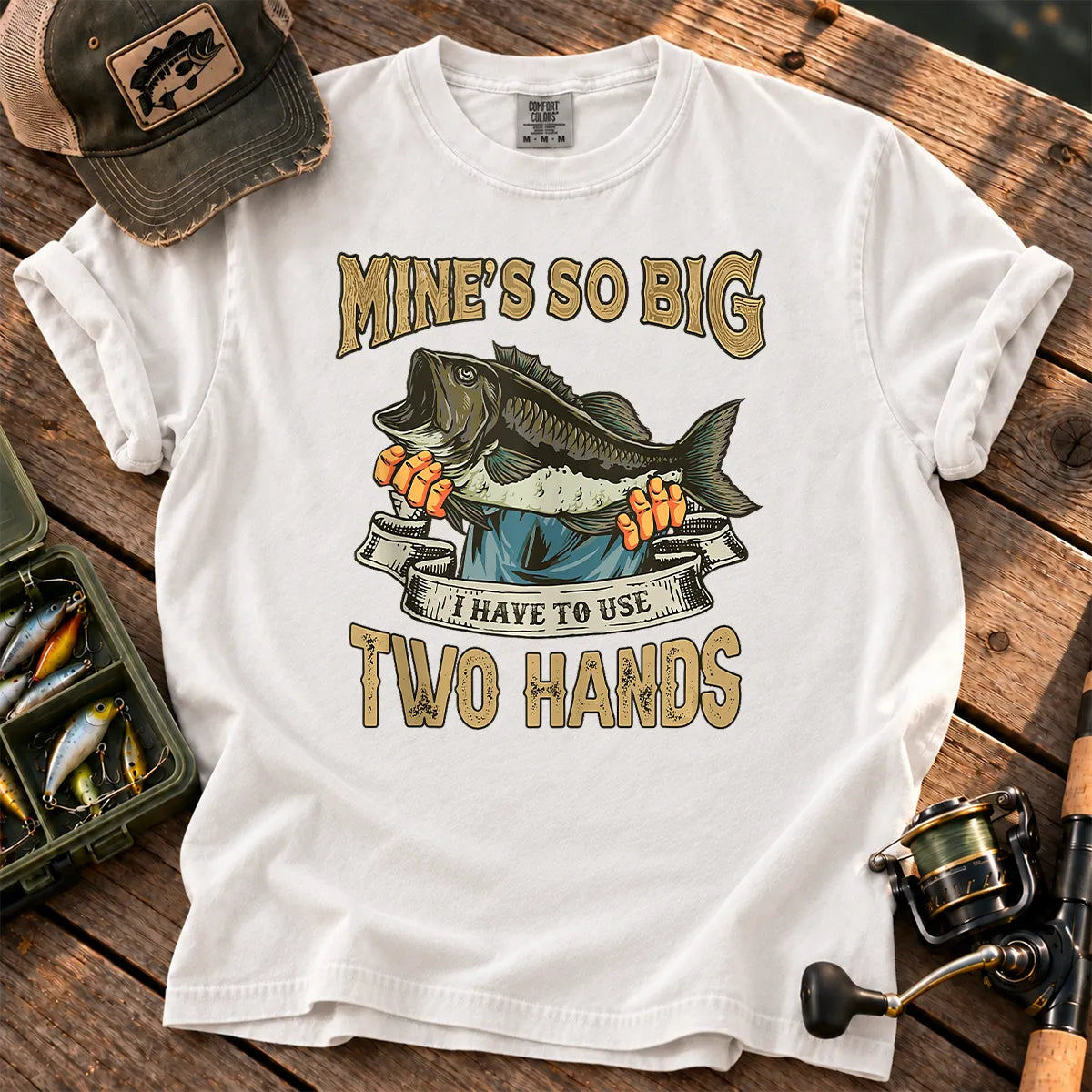 Big Bass Two Hands Fishing T-Shirt in White