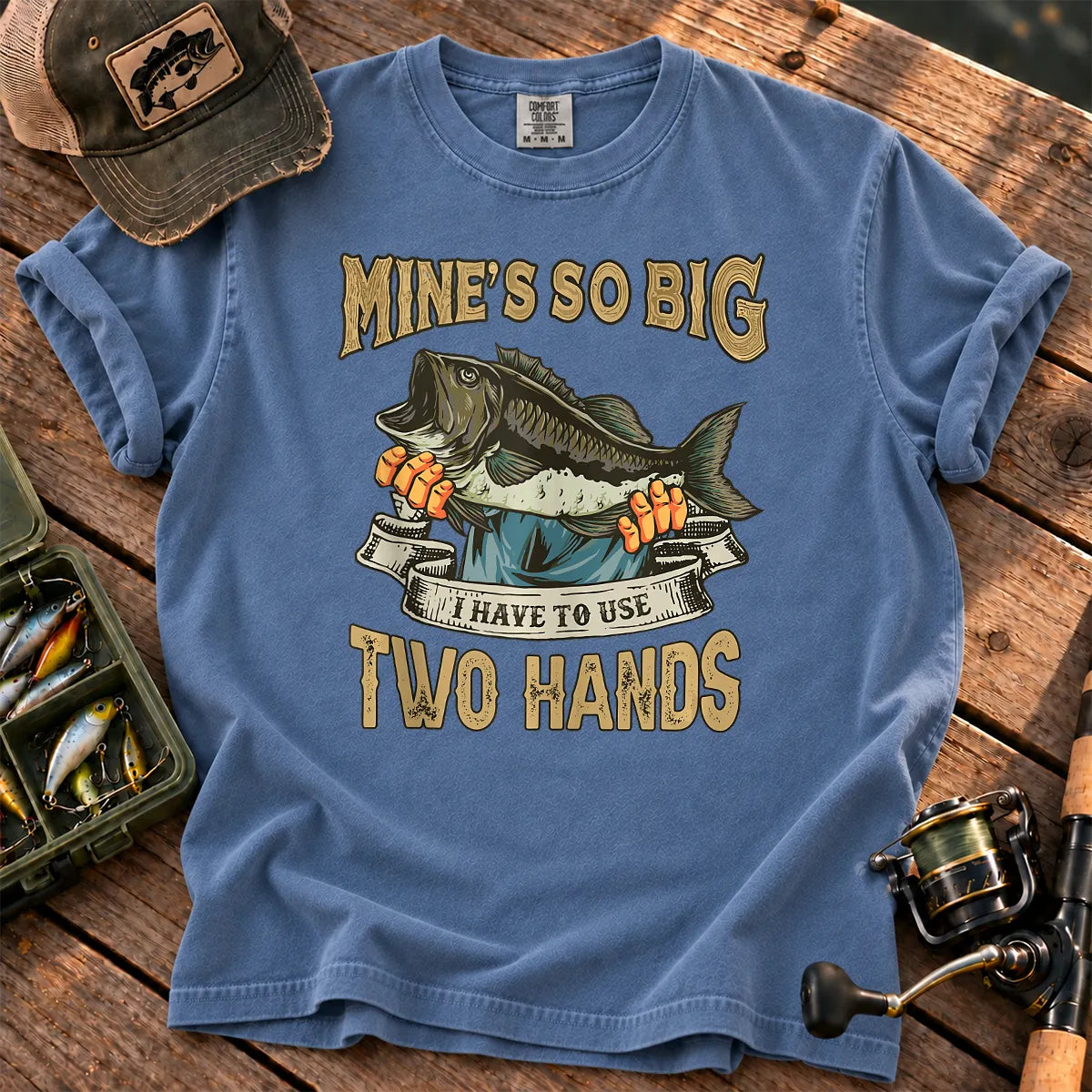 Big Bass Two Hands Fishing T-Shirt in Blue Jean