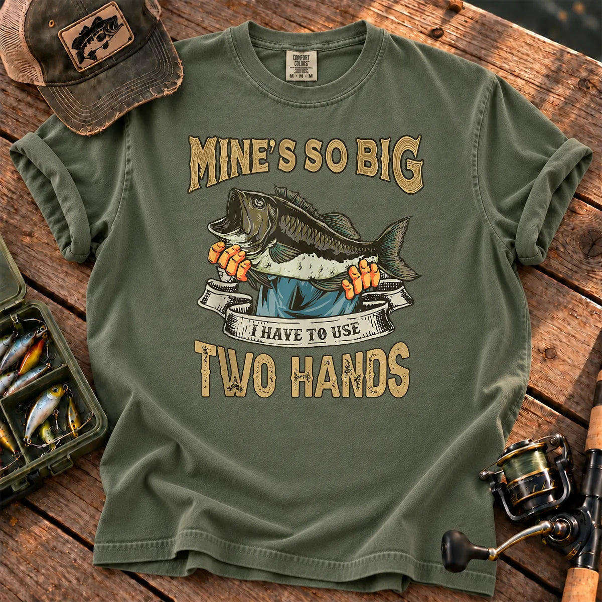 Big Bass Two Hands Fishing T-Shirt in Moss