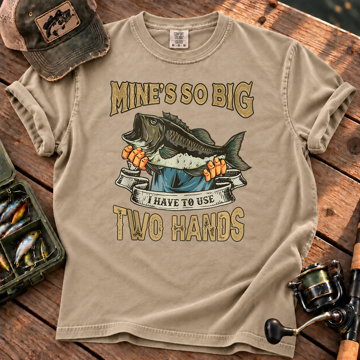 Big Bass Two Hands Fishing T-Shirt in Sandstone