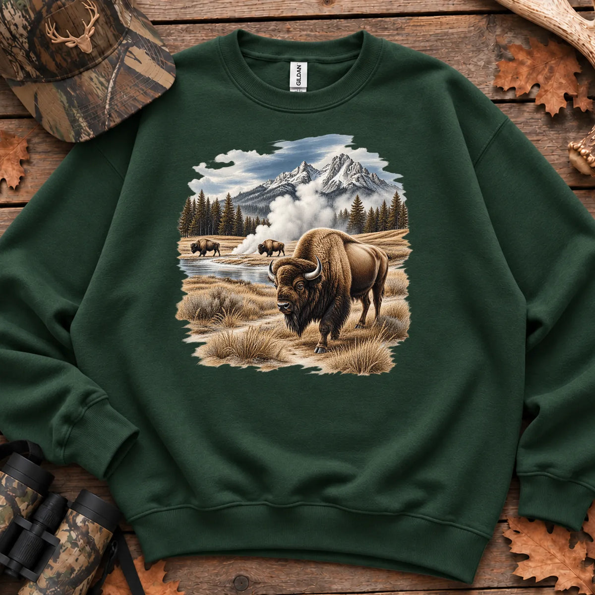 Bison Geyser Basin Sweatshirt in Forest Green
