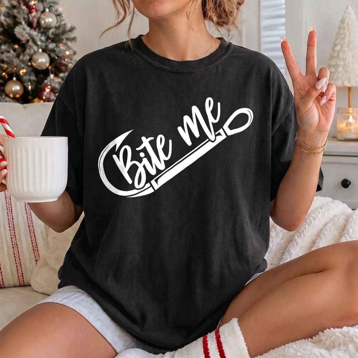 Bite Me Fishing T-Shirt Women model in Black