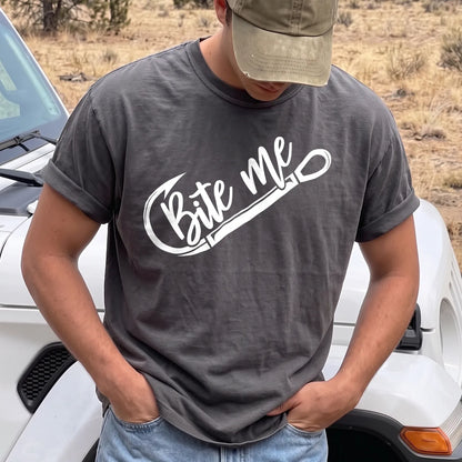 Bite Me Fishing T-Shirt Men model in Pepper