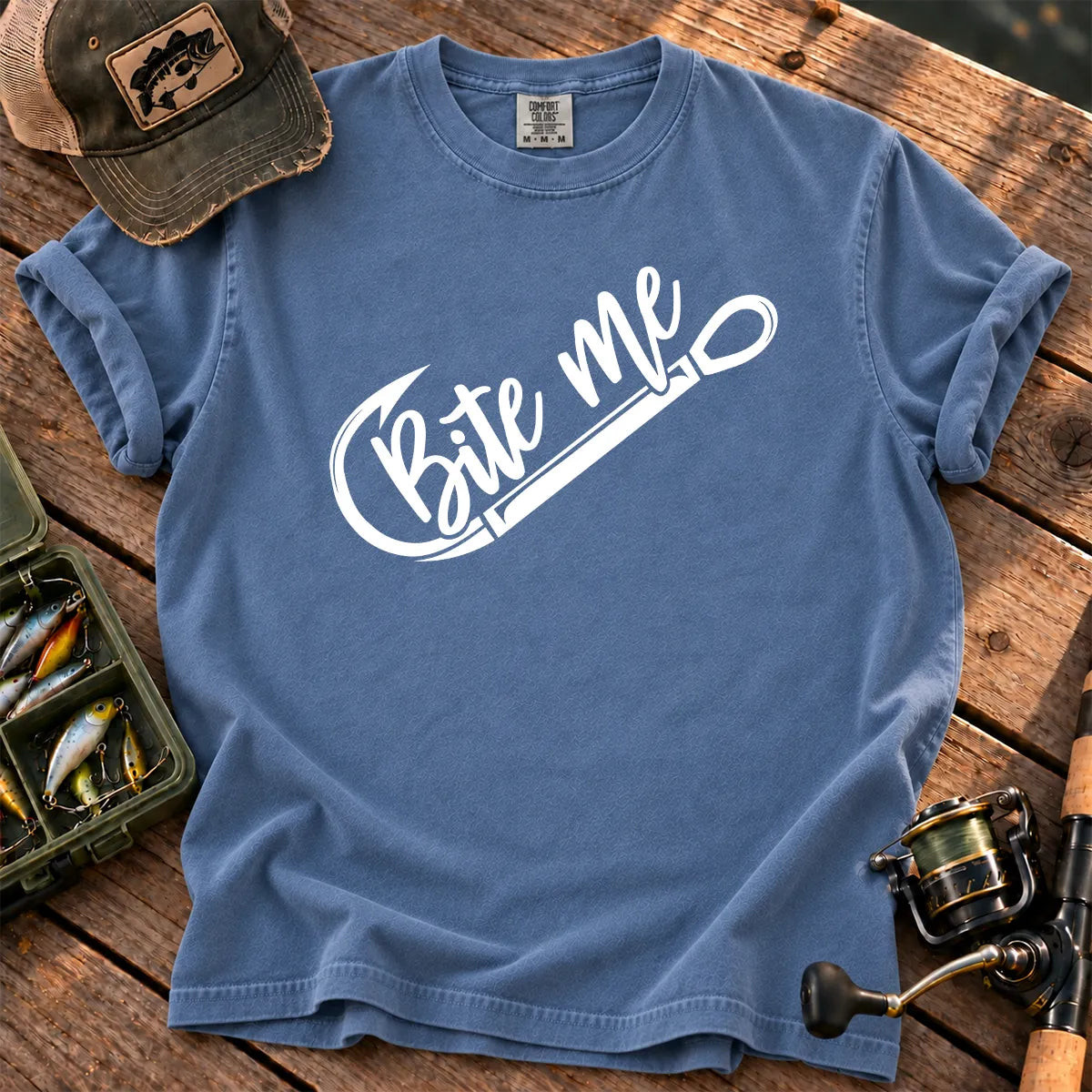 Bite Me Fishing T-Shirt in Blue Jean