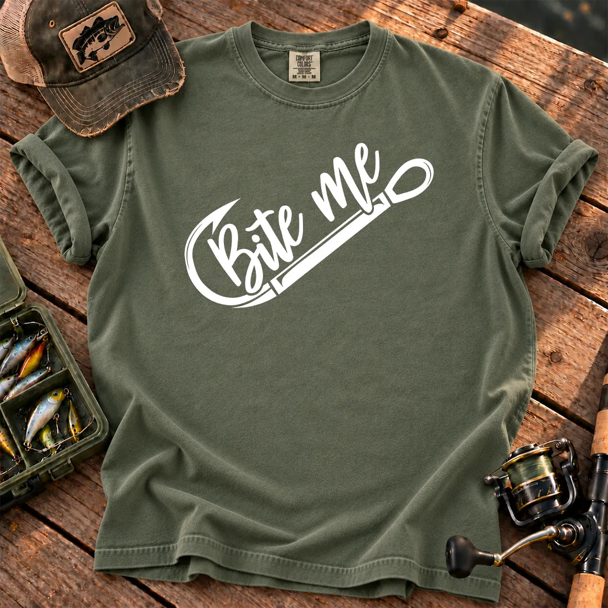 Bite Me Fishing T-Shirt in Moss